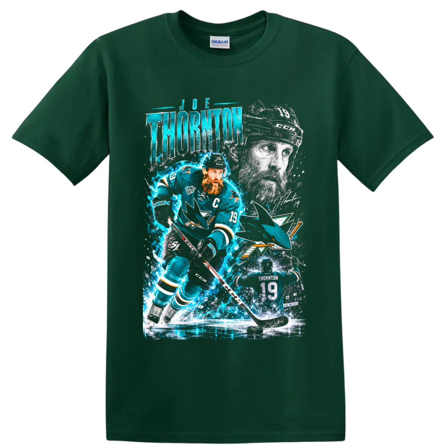 Joe Thornton San Jose Sharks hockey collage with number 19 action art and teal effects on a Forest Green T Shirt