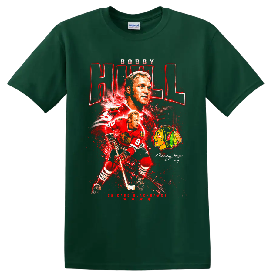 Bobby Hull Chicago Blackhawks number 9 hockey collage with red vintage graphic effects on a Forest Green T Shirt