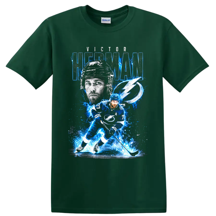 Victor Hedman Tampa Bay hockey player graphic with number 77 and electric blue lightning on a Forest Green T Shirt