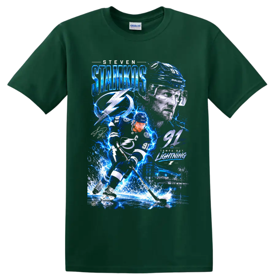 Steven Stamkos Tampa Bay Lightning number 91 electric hockey collage graphic on a Forest Green T Shirt