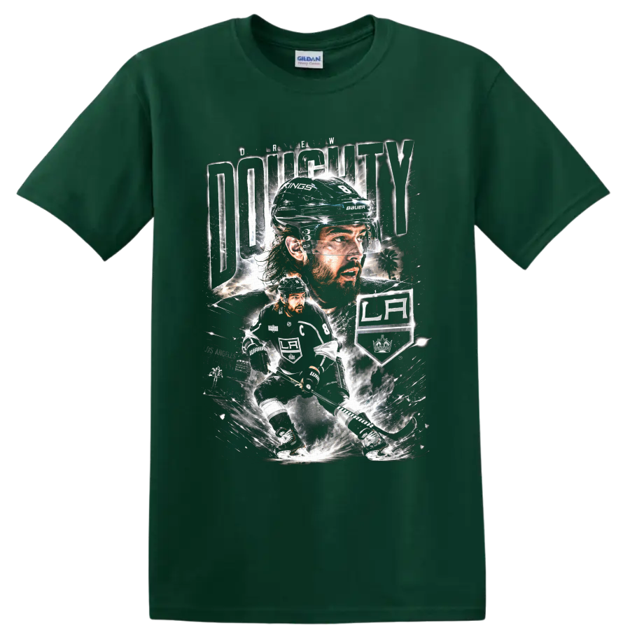 Drew Doughty Los Angeles Kings hockey portrait and skating action graphic on a Forest Green T Shirt