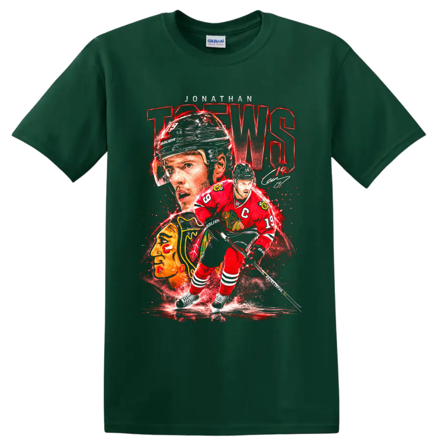 Jonathan Toews Blackhawks number 19 hockey collage with captain jersey and autograph on a Forest Green T Shirt