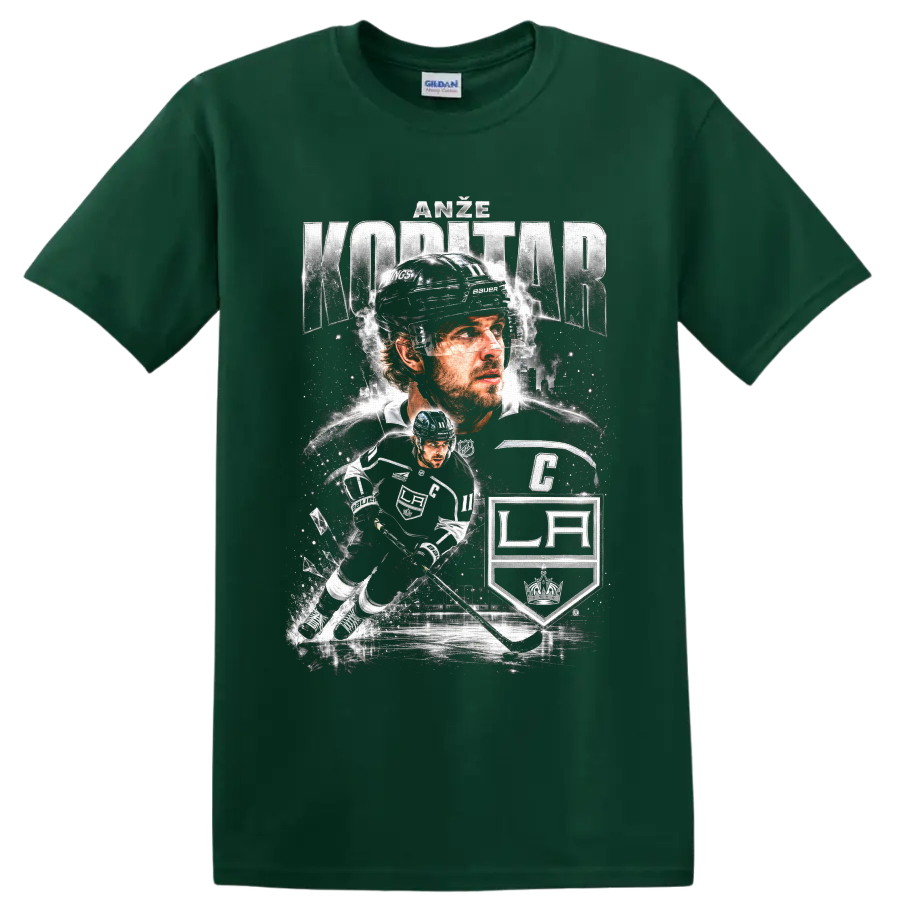 Anze Kopitar Los Angeles Kings captain hockey collage with LA shield and action art on a Forest Green T Shirt