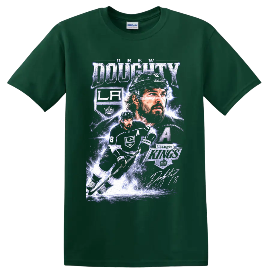 Drew Doughty Los Angeles Kings hockey action collage with number 8 and captain’s A on a Forest Green T Shirt
