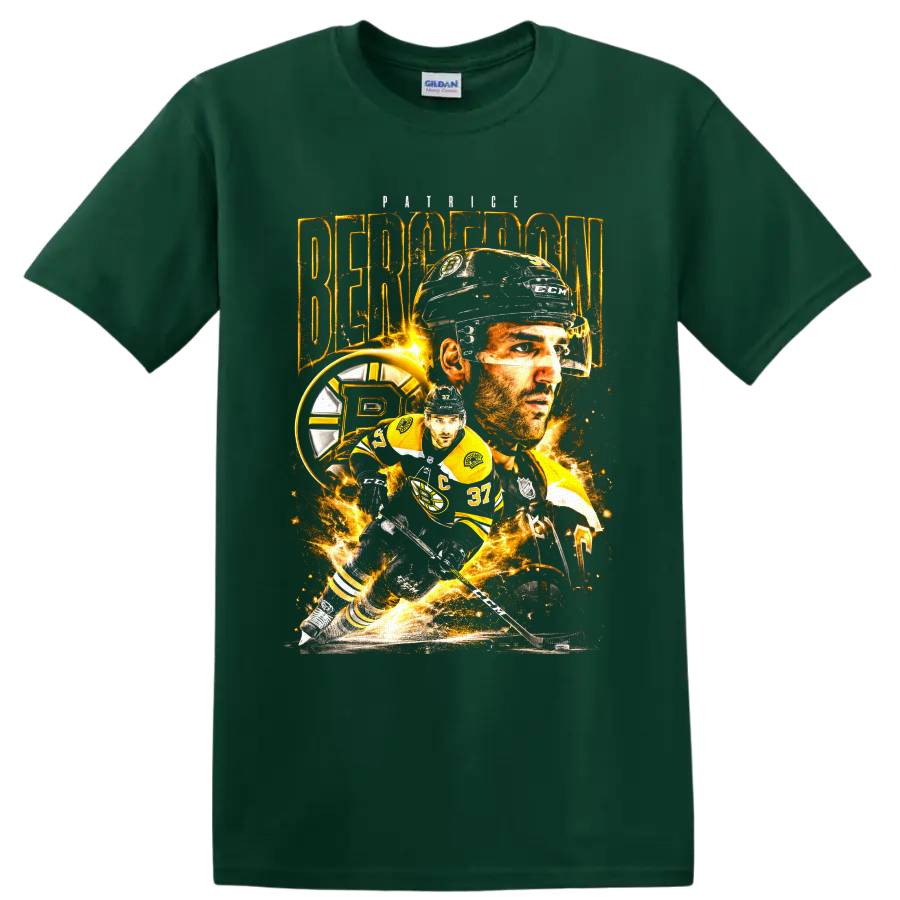 Patrice Bergeron Boston Bruins hockey player collage with gold sparks and action pose on a Forest Green T Shirt