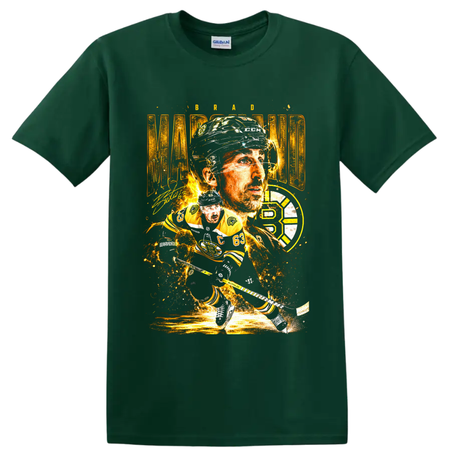 Brad Marchand number 63 hockey portrait and action collage with gold Bruins-style emblem on a Forest Green T Shirt