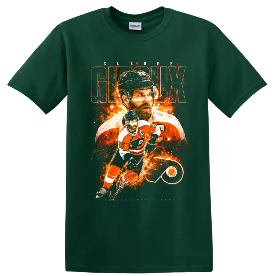Claude Giroux Flyers hockey collage with fiery action art and Giroux lettering on a Forest Green T Shirt