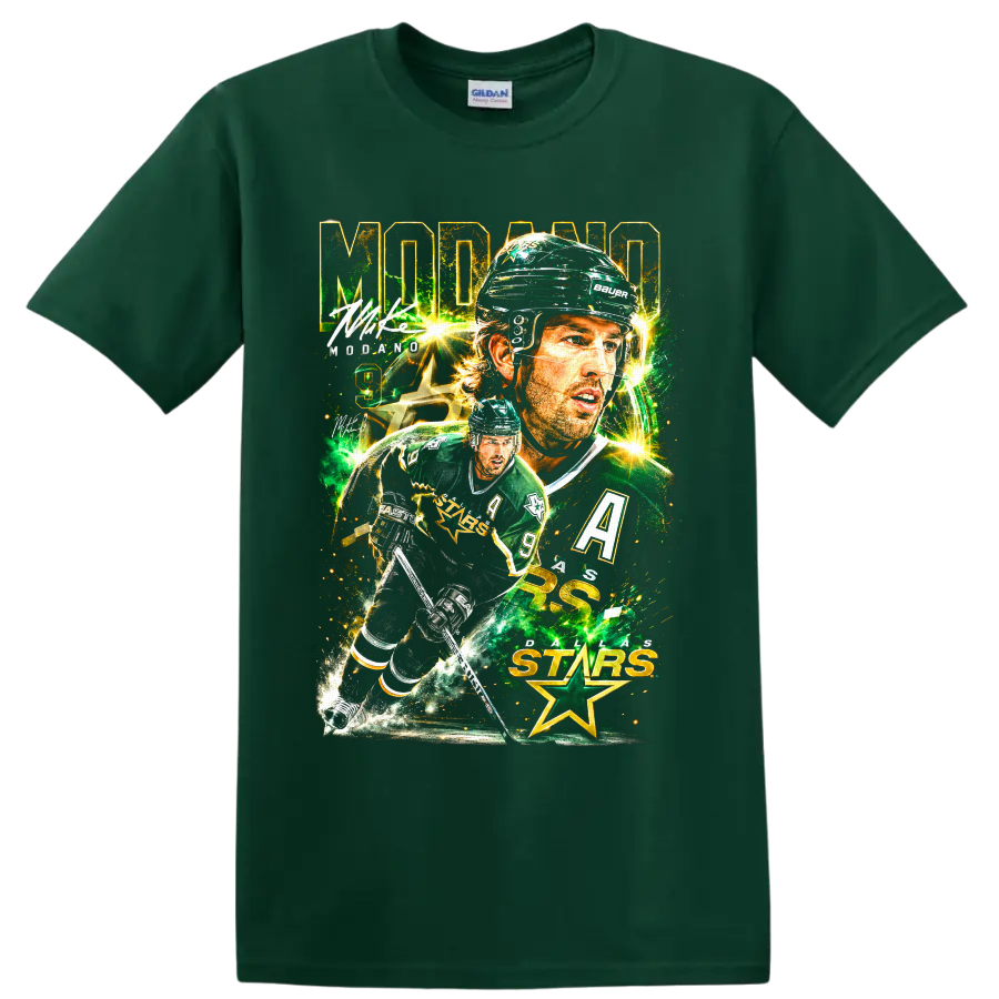 Mike Modano Dallas Stars hockey collage graphic with number 9 and star imagery on a Forest Green T Shirt