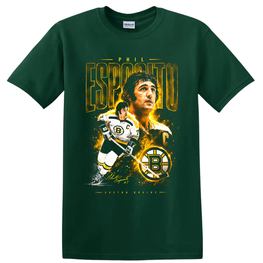 Phil Esposito Boston Bruins gold portrait and skating hockey graphic with number 7 on a Forest Green T Shirt
