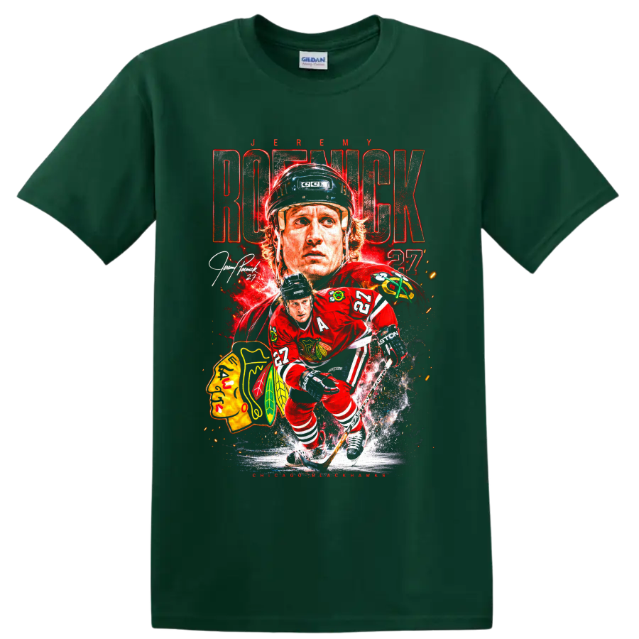 Jeremy Roenick Chicago Blackhawks hockey player collage with distressed ROENICK lettering on a Forest Green T Shirt