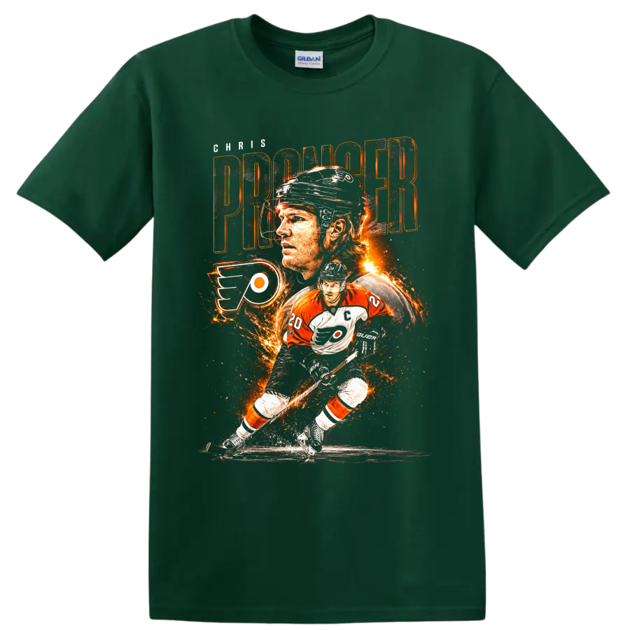 Chris Pronger Philadelphia Flyers hockey collage with fiery action artwork on a Forest Green T Shirt