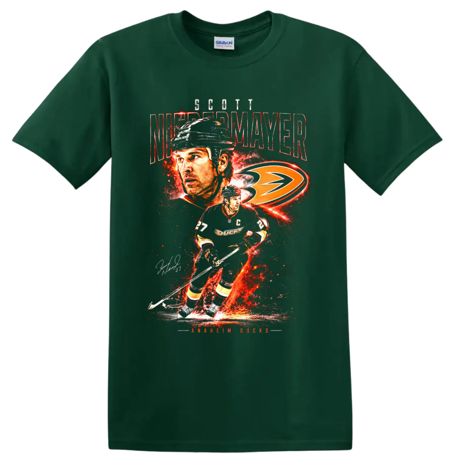 Scott Niedermayer Anaheim Ducks fiery hockey collage with captain jersey and team logo on a Forest Green T Shirt