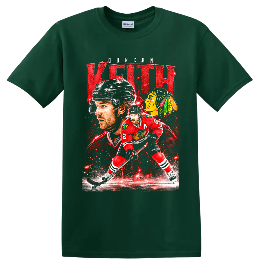 Duncan Keith Chicago Blackhawks hockey action collage with bold name text and team logo on a Forest Green T Shirt