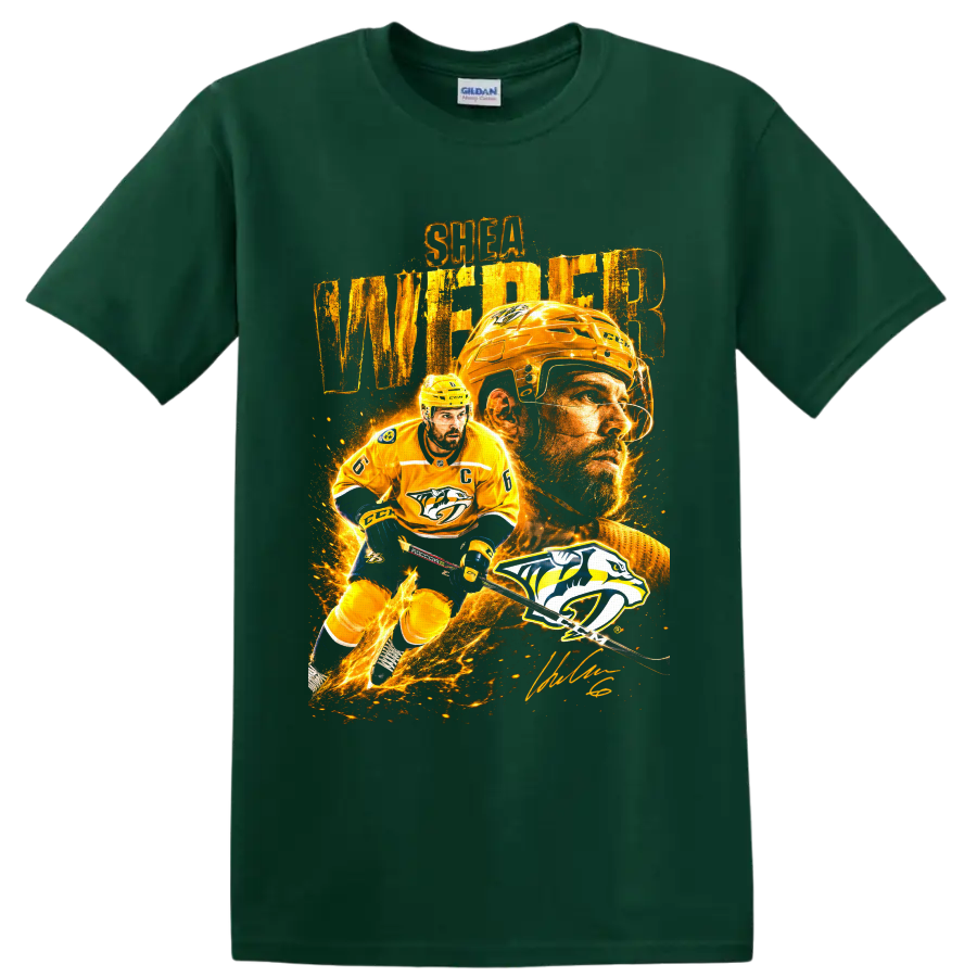 Shea Weber Nashville Predators hockey collage with player portrait, action pose, and team on a Forest Green T Shirt