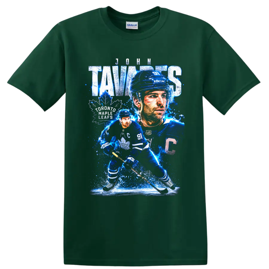 John Tavares Toronto Maple Leafs captain hockey collage with icy blue action art on a Forest Green T Shirt