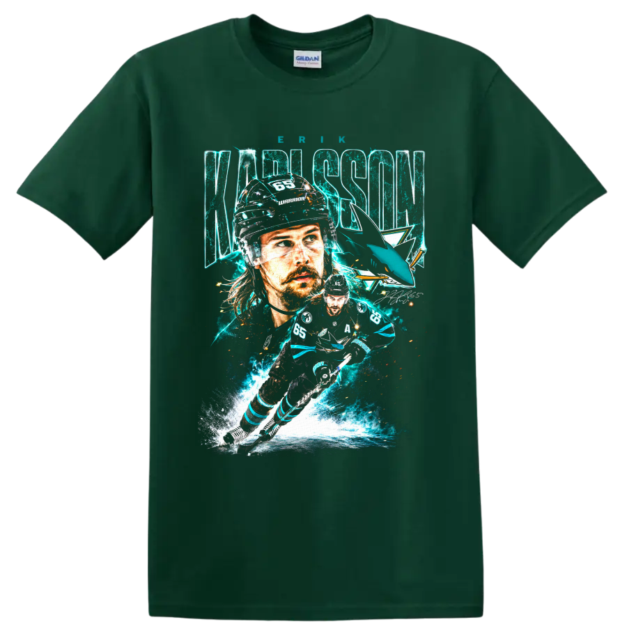 Erik Karlsson No. 65 San Jose Sharks hockey portrait and action collage graphic on a Forest Green T Shirt