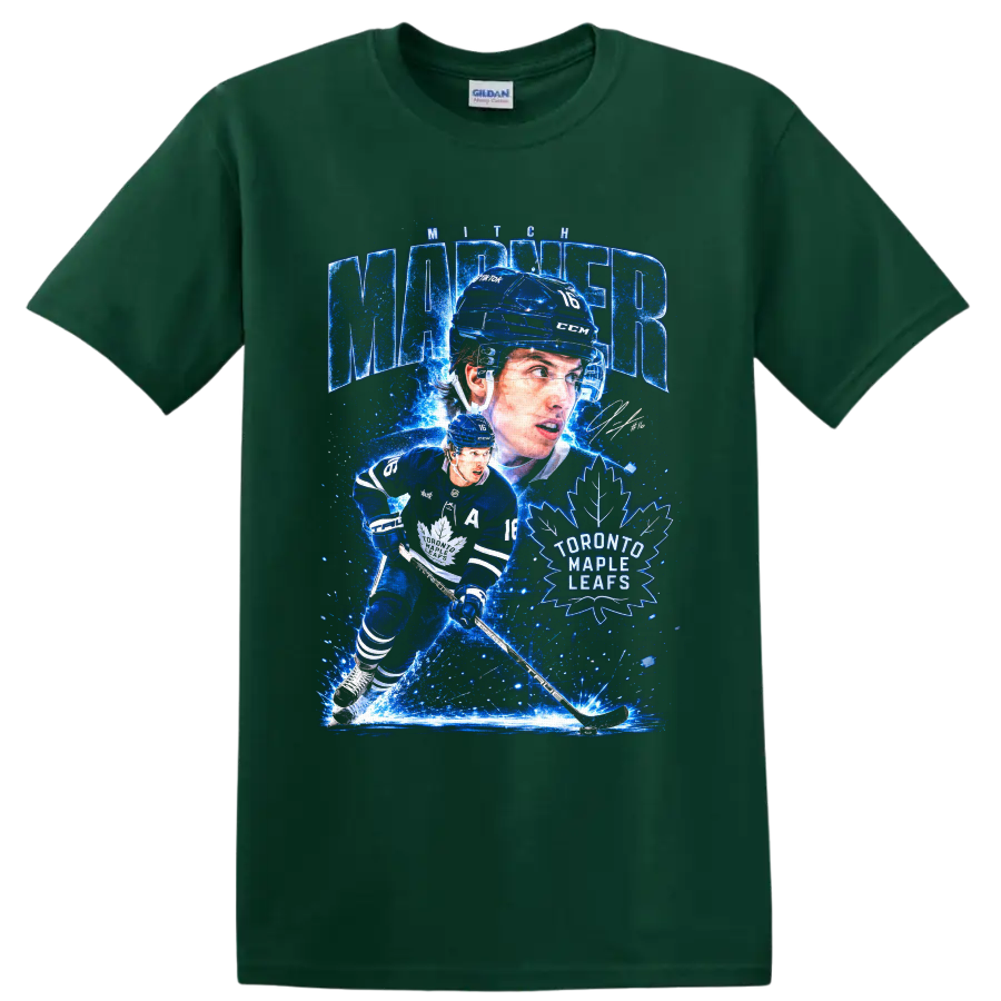 Mitch Marner Toronto Maple Leafs electric-blue hockey action graphic with number 16 on a Forest Green T Shirt