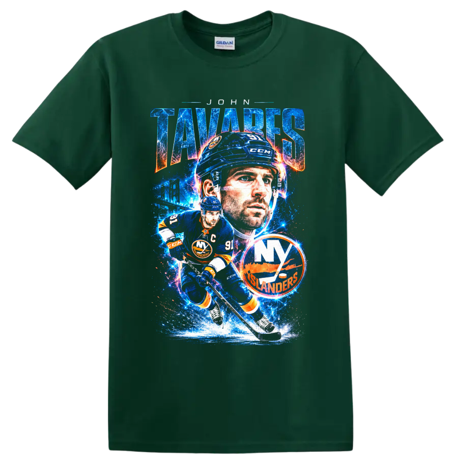 John Tavares New York Islanders cosmic hockey collage with number 91 on a Forest Green T Shirt