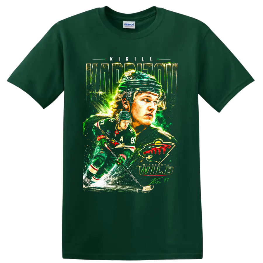 Kirill Kaprizov Minnesota Wild hockey portrait graphic with action player and team emblem on a Forest Green T Shirt