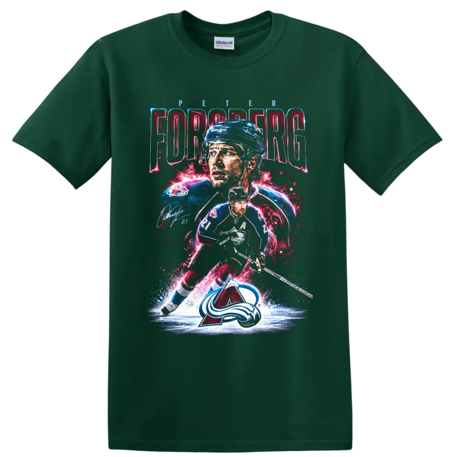 Peter Forsberg Colorado Avalanche hockey collage with PETER FORSBERG text and number 21 on a Forest Green T Shirt