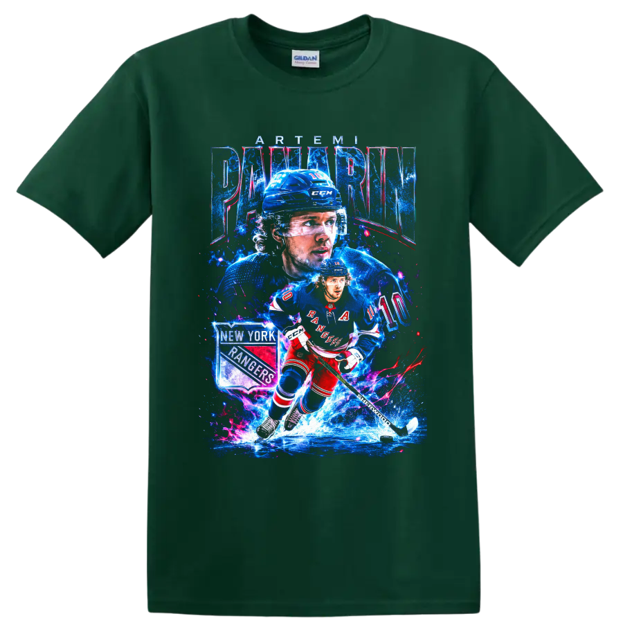 Artemi Panarin New York Rangers hockey action graphic with number 10 and ice effects on a Forest Green T Shirt