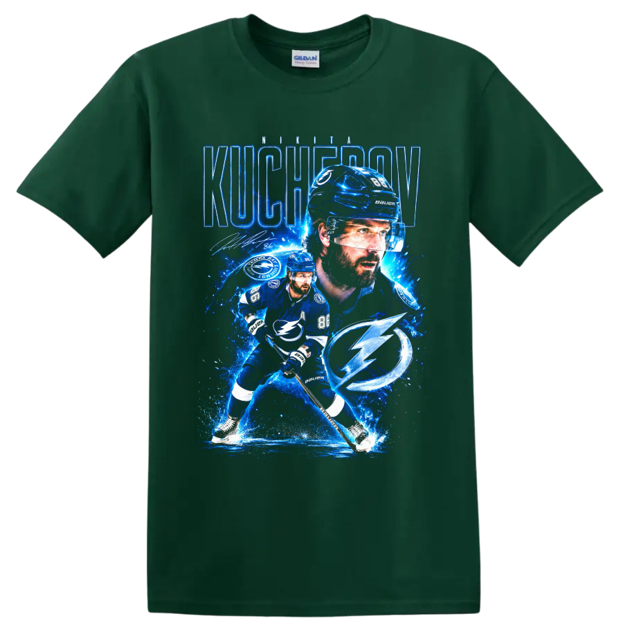 Nikita Kucherov Tampa Bay Lightning electric blue hockey portrait and action graphic on a Forest Green T Shirt