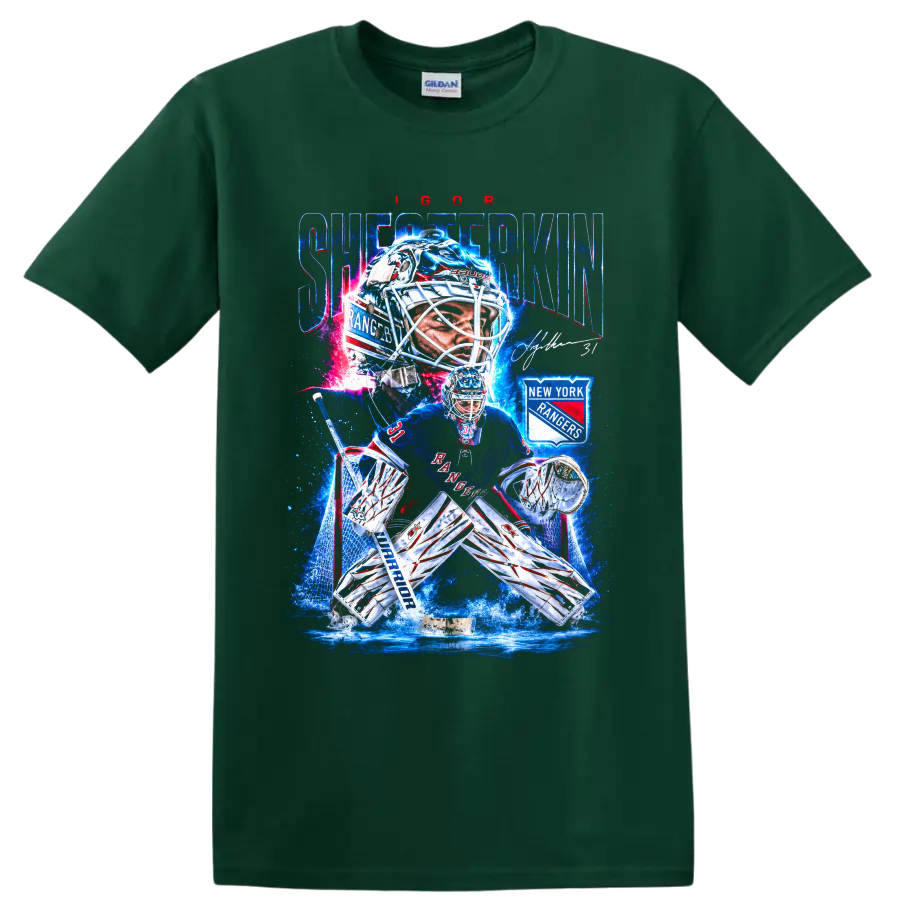 Igor Shesterkin New York Rangers goalie graphic with rink action and team crest on a Forest Green T Shirt