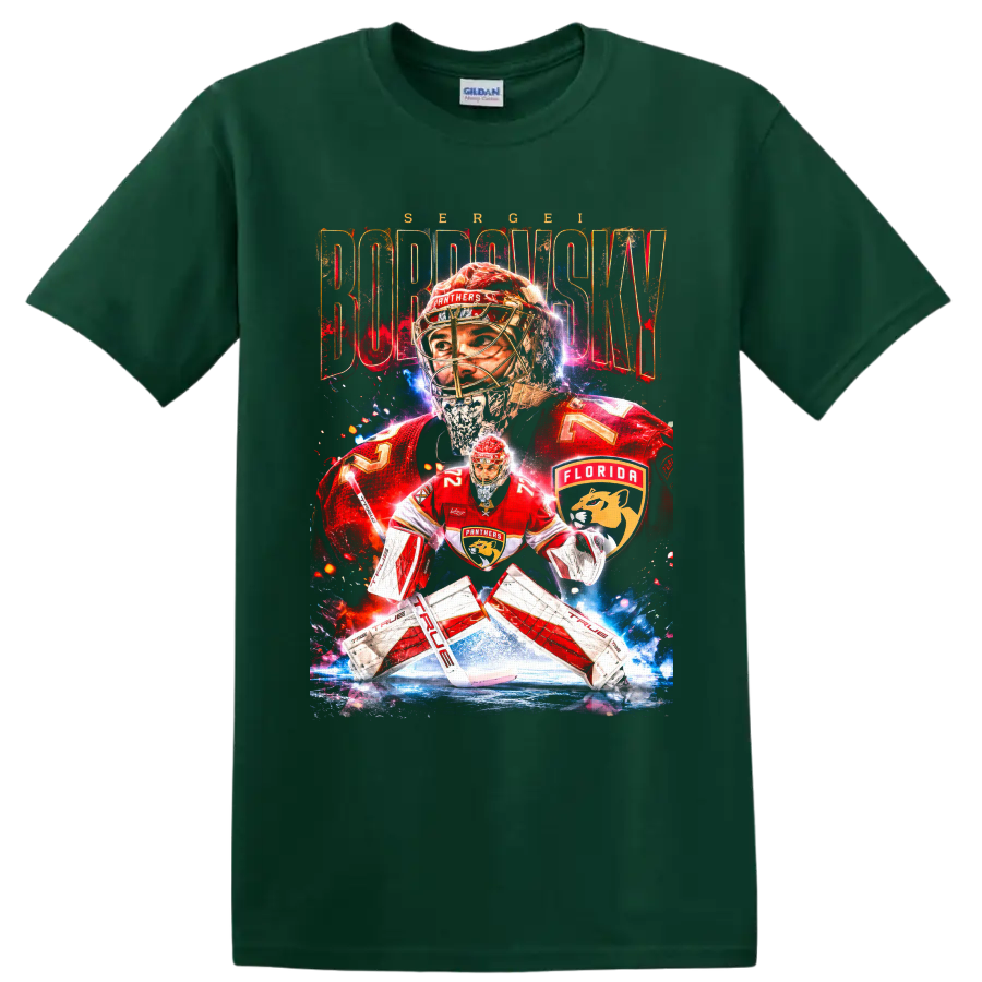 Sergei Bobrovsky Florida Panthers goaltender graphic with distressed name lettering on a Forest Green T Shirt
