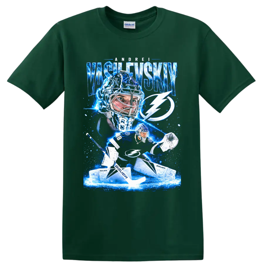 Andrei Vasilevskiy Tampa Bay Lightning goalie graphic with electric blue ice effects on a Forest Green T Shirt