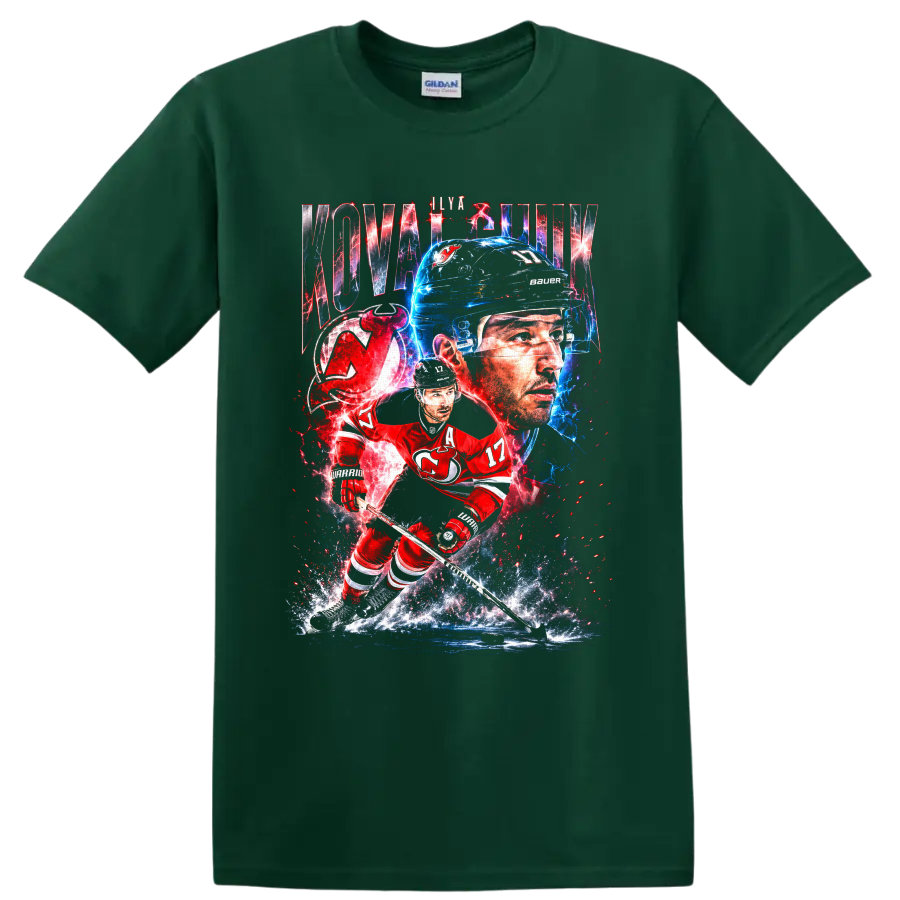 Ilya Kovalchuk New Jersey Devils electric hockey portrait and skating action art on a Forest Green T Shirt