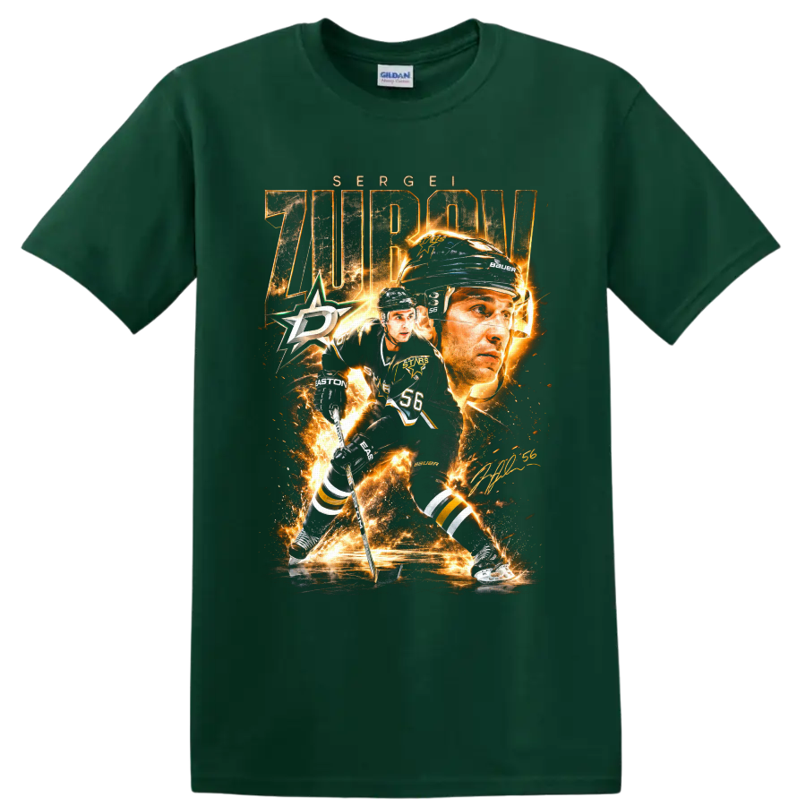 Sergei Zubov Dallas Stars hockey action portrait graphic with number 56 on a Forest Green T Shirt