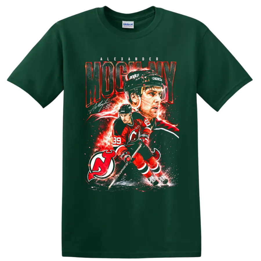 Alexander Mogilny New Jersey Devils hockey collage with number 89 and team logo on a Forest Green T Shirt