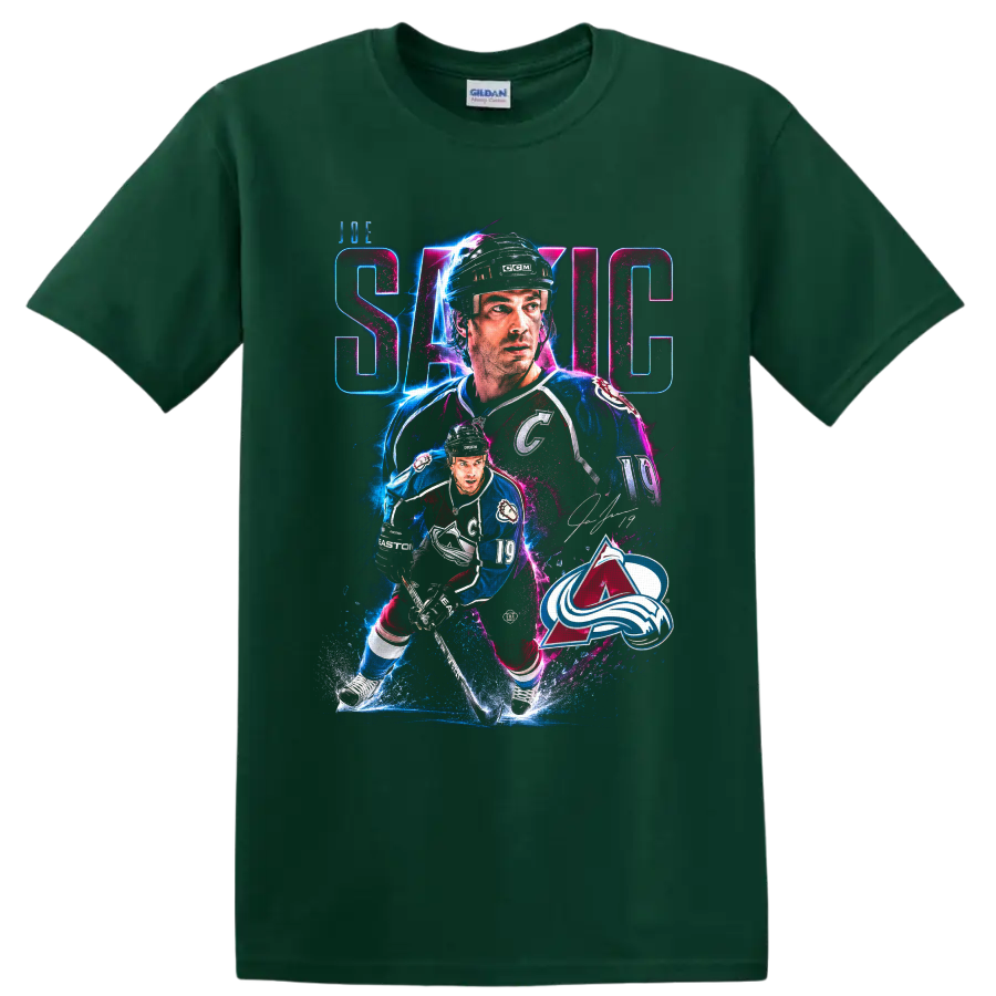 Joe Sakic Colorado Avalanche hockey collage with neon action effects and number 19 on a Forest Green T Shirt