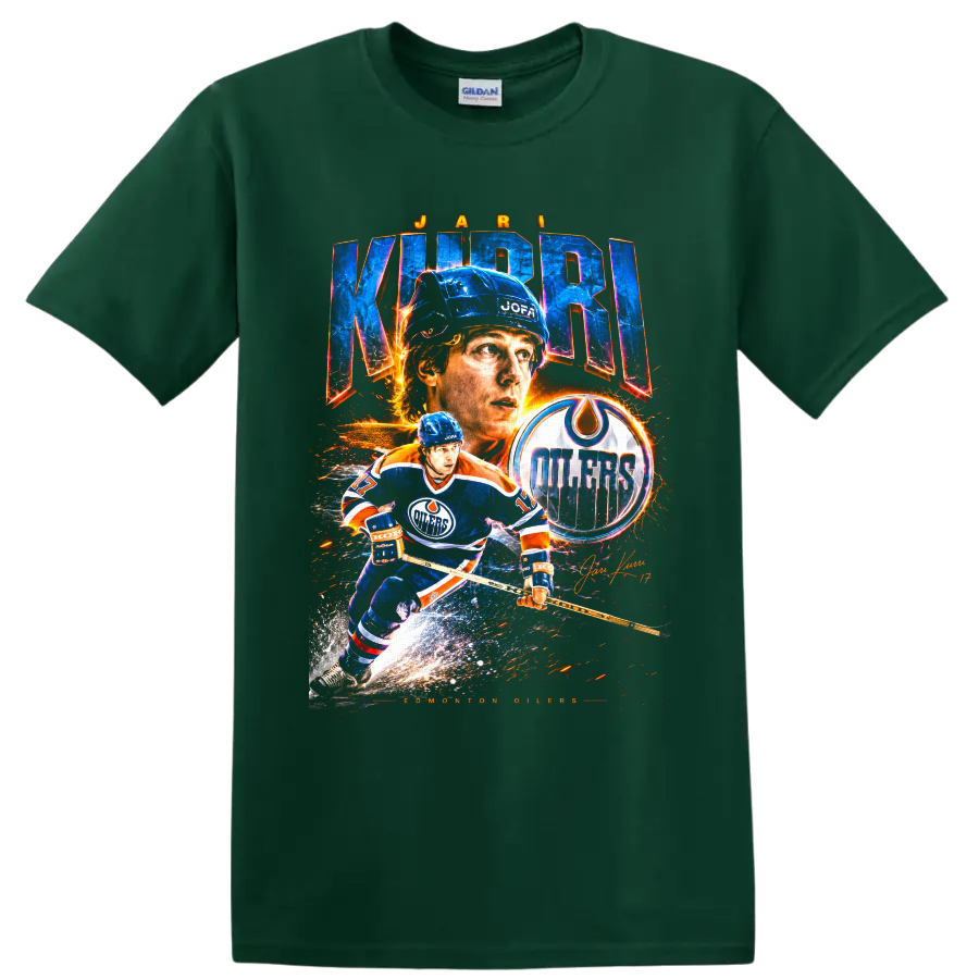 Jari Kurri Edmonton Oilers vintage-style hockey collage with team logo and signature on a Forest Green T Shirt
