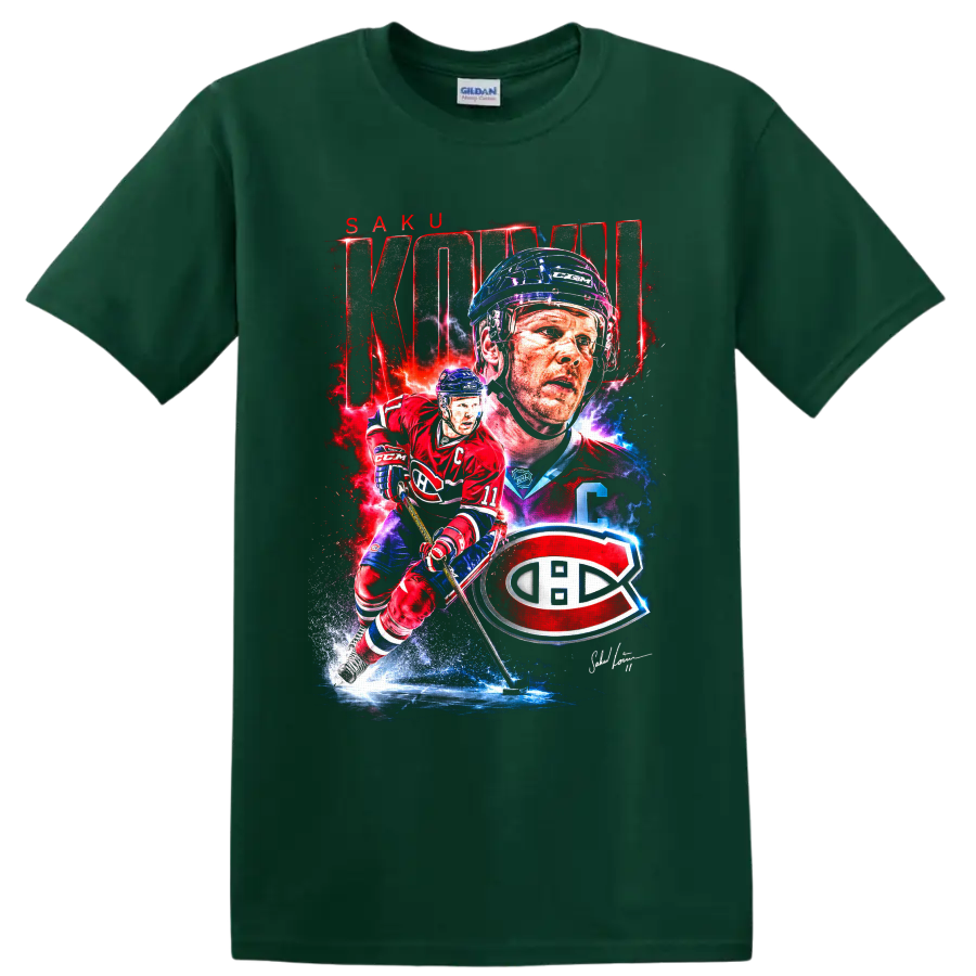 Saku Koivu Canadiens hockey graphic with action pose, portrait, KOIVU text and team emblem on a Forest Green T Shirt