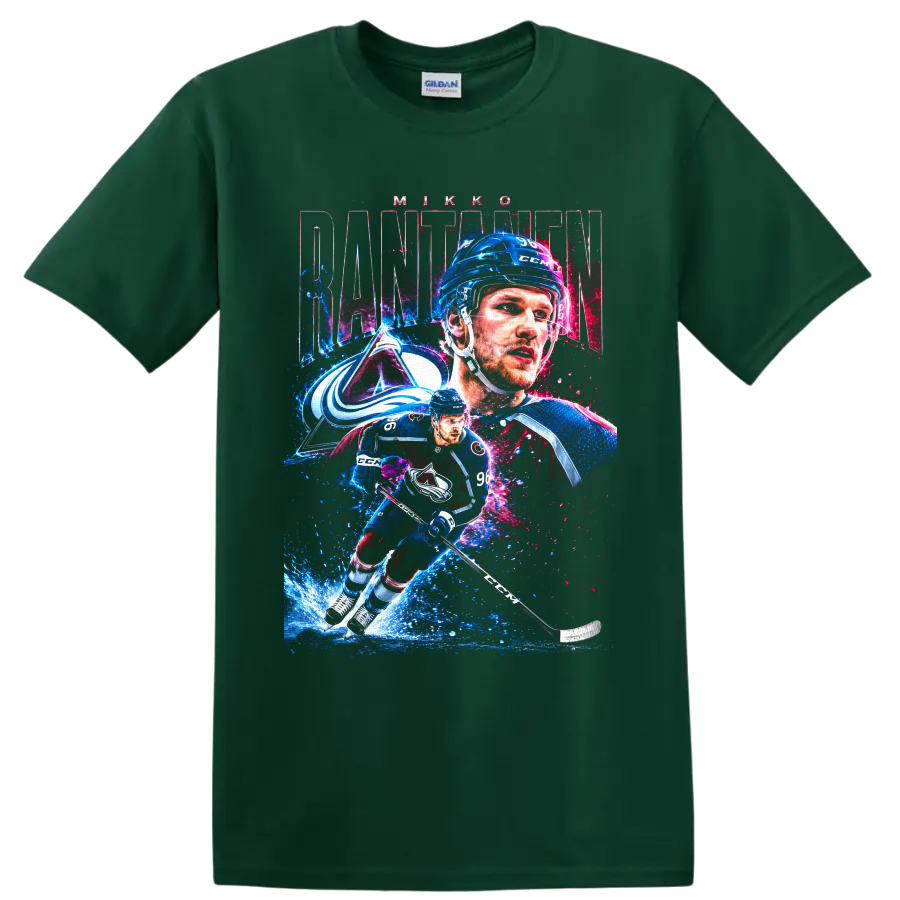 Mikko Rantanen Colorado Avalanche action hockey graphic with number 96 on a Forest Green T Shirt