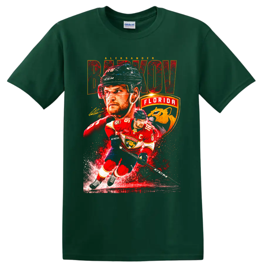 Aleksander Barkov Florida Panthers captain hockey collage with bold BARKOV lettering on a Forest Green T Shirt