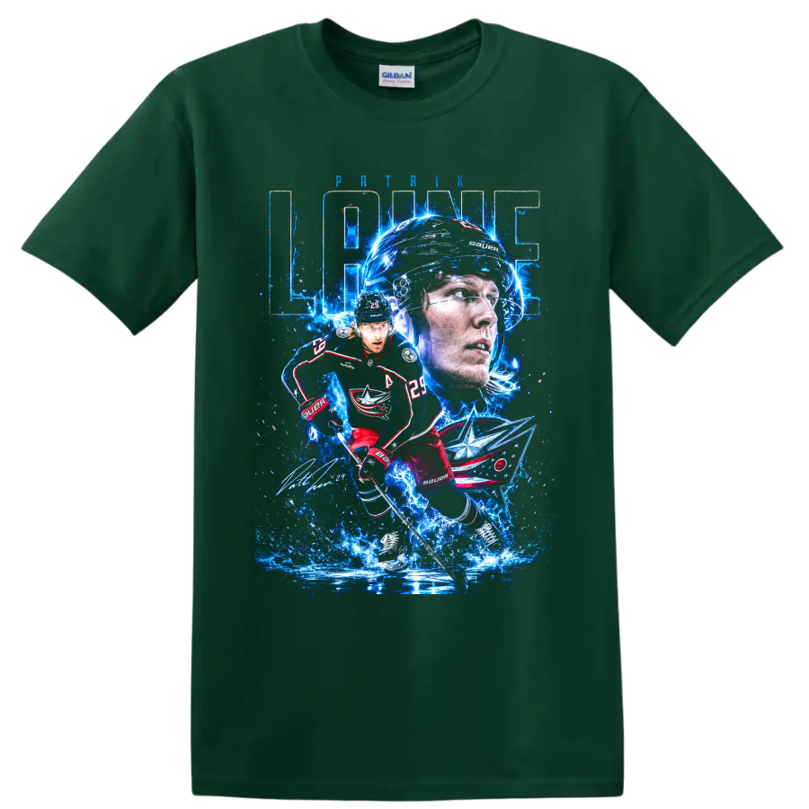Patrik Laine Blue Jackets electric ice hockey portrait and action graphic on a Forest Green T Shirt