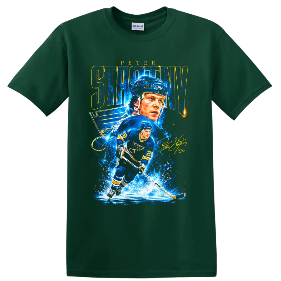 Peter Stastny St. Louis Blues hockey portrait and skating action graphic with #26 on a Forest Green T Shirt