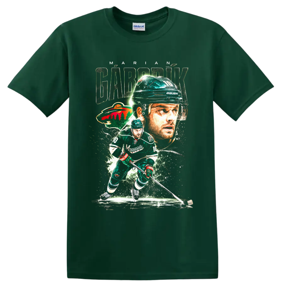 Marian Gaborik Minnesota Wild hockey action collage graphic with number 10 on a Forest Green T Shirt
