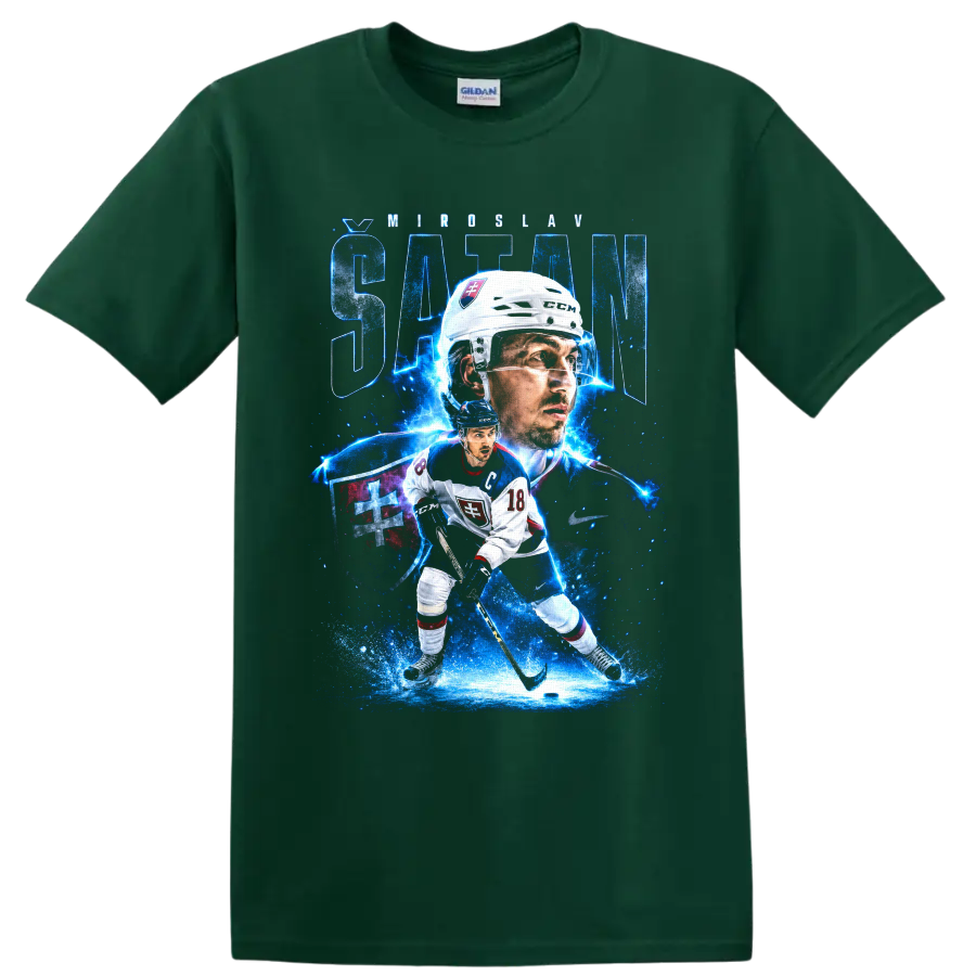 Miroslav Satan Slovakia hockey captain 18 electric blue graphic print on a Forest Green T Shirt