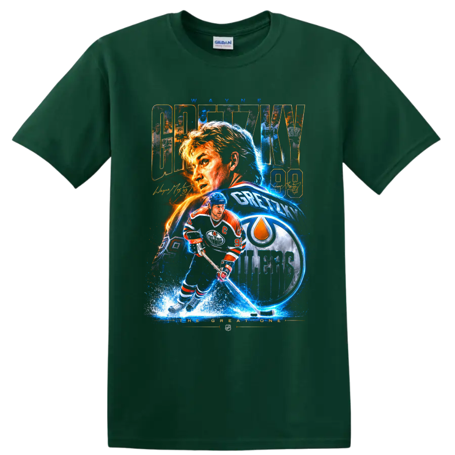 Wayne Gretzky Oilers 99 hockey collage with action art and The Great One text on a Forest Green T Shirt
