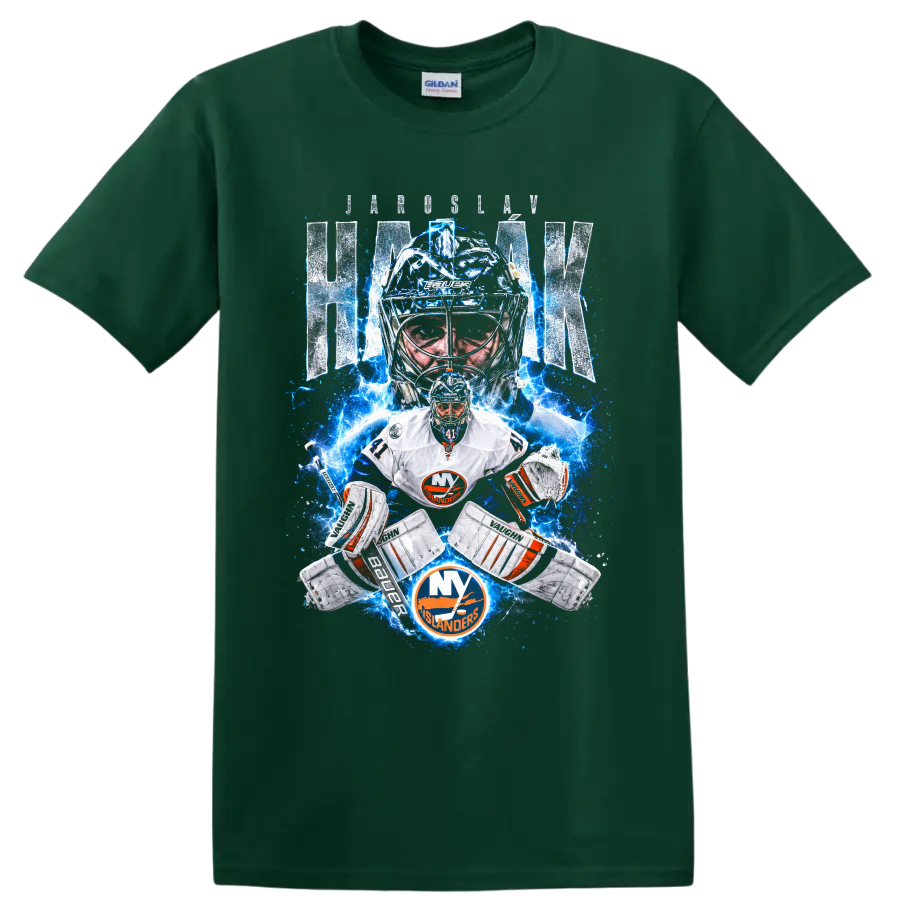 Jaroslav Halak New York Islanders goalie graphic with lightning and distressed name text on a Forest Green T Shirt