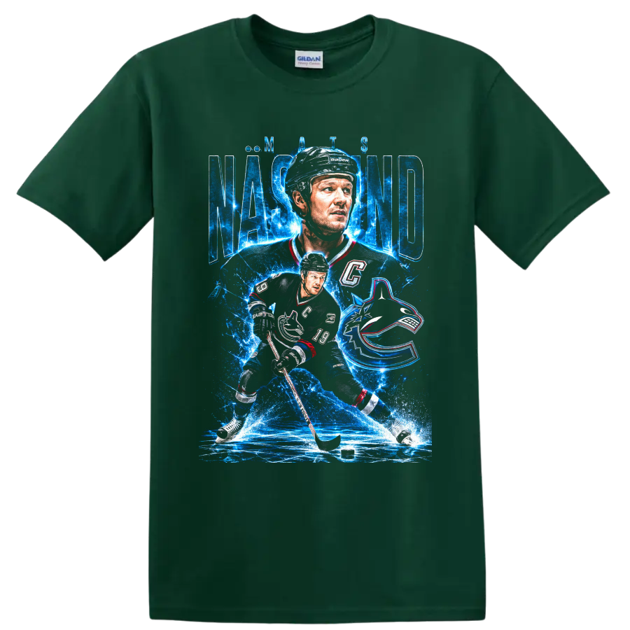 Markus Naslund hockey portrait and action graphic with icy blue Canucks-inspired design on a Forest Green T Shirt