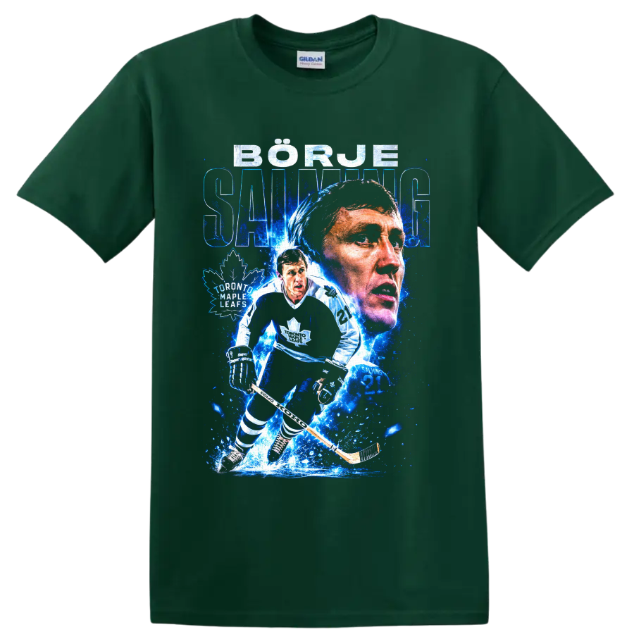 Börje Salming Toronto Maple Leafs hockey tribute with portrait and skating action on a Forest Green T Shirt