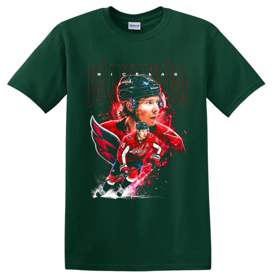 Nicklas Backstrom Washington Capitals hockey portrait and skating action graphic on a Forest Green T Shirt