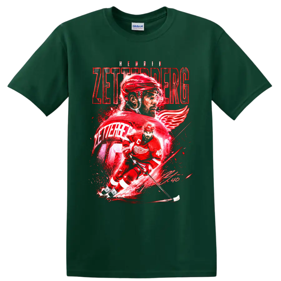 Henrik Zetterberg Red Wings number 40 hockey action graphic with bold red lettering on a Forest Green T Shirt