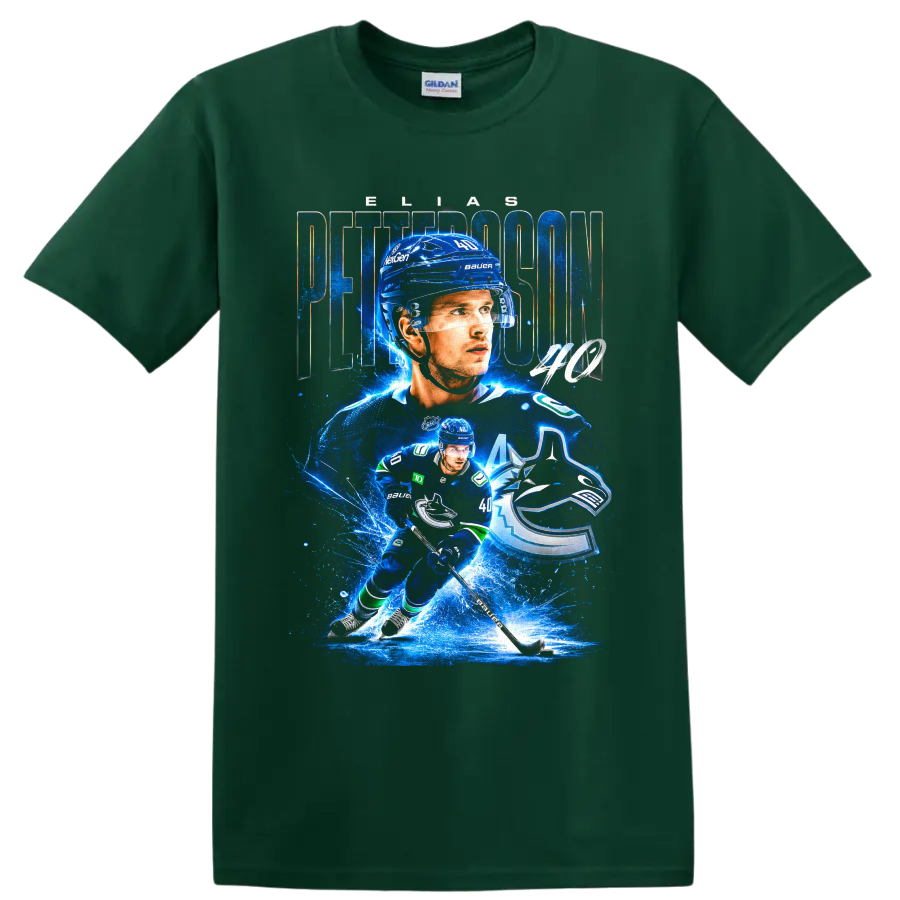 Elias Pettersson Vancouver Canucks blue hockey collage with number 40 and team logo on a Forest Green T Shirt