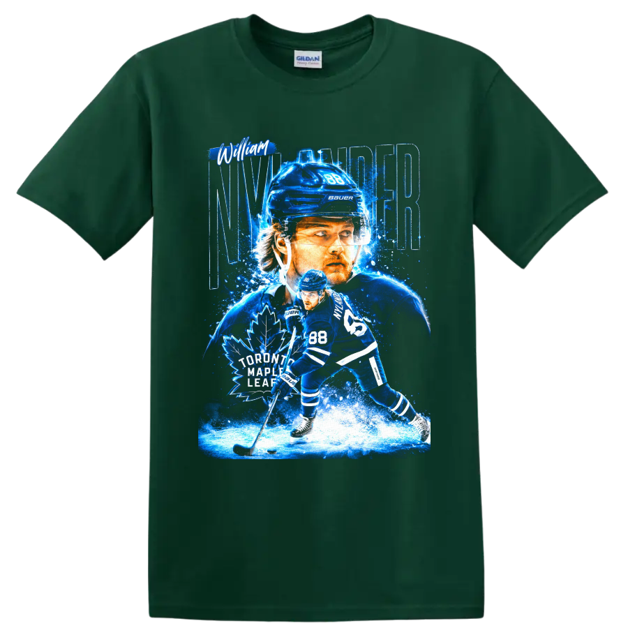 William Nylander Toronto Maple Leafs number 88 electric blue hockey graphic on a Forest Green T Shirt