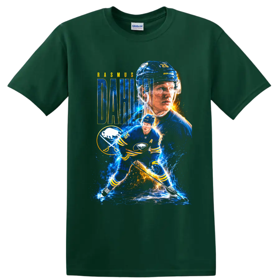 Rasmus Dahlin Buffalo Sabres hockey collage with bold name lettering and electric ice on a Forest Green T Shirt